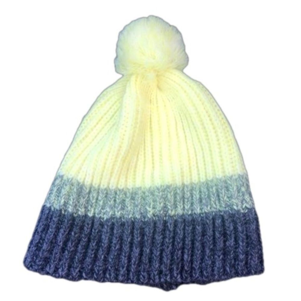 Y2K Yellow Gray Pom Pom Ski Hat Fleece Lined Tassel Winter Beanie Cozy - Picture 1 of 2